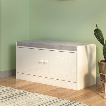 Stylish Shoe Storage Bench with Cushion Adjustable Shelves for Entryway Holds 12 Pairs Ventilated White Gray