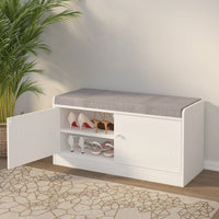 Stylish Shoe Storage Bench with Cushion Adjustable Shelves for Entryway Holds 12 Pairs Ventilated White Gray