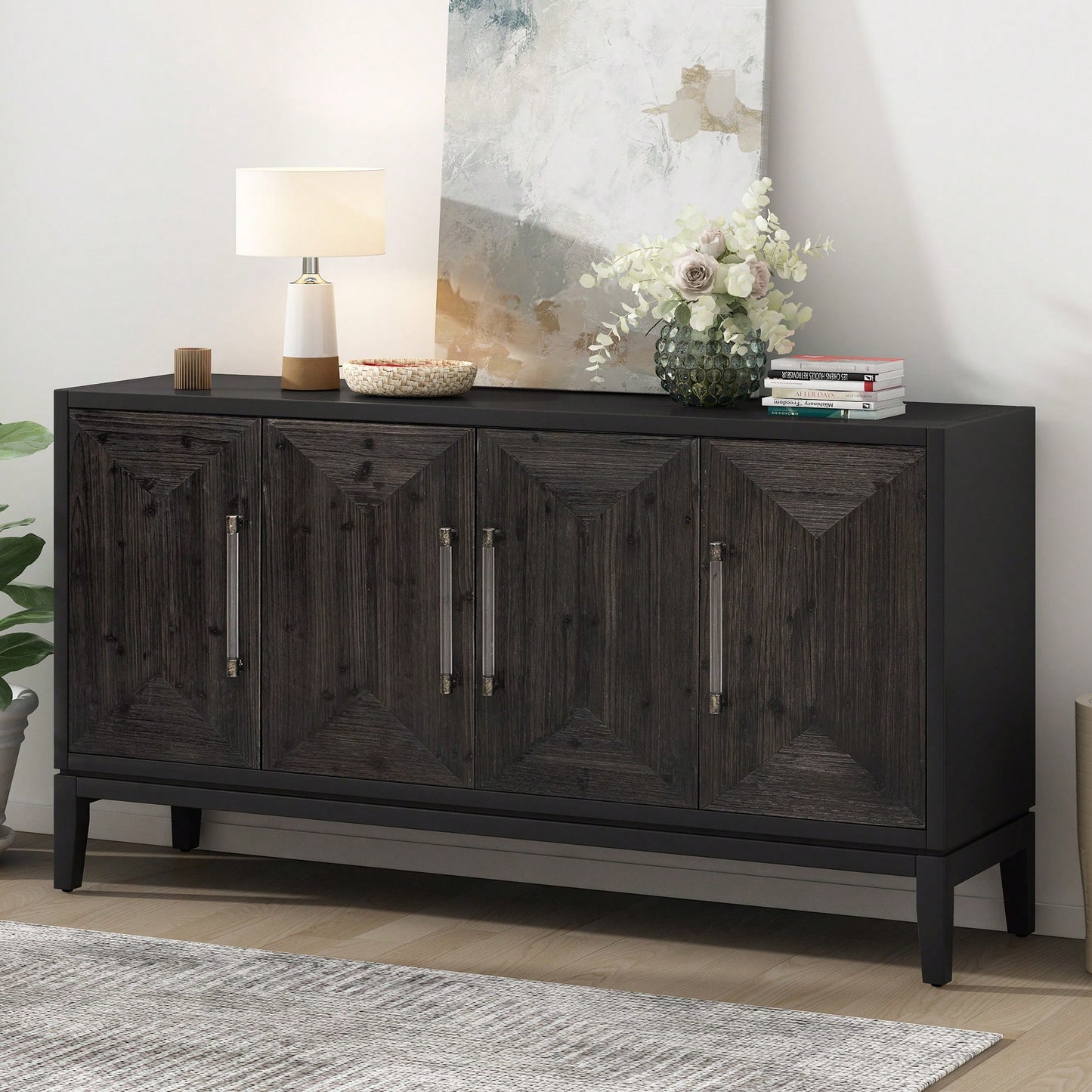 Versatile Four-Door Sideboard With Brushed MDF Doors And Elegant Acrylic Handles Perfect For Home Storage And Organization