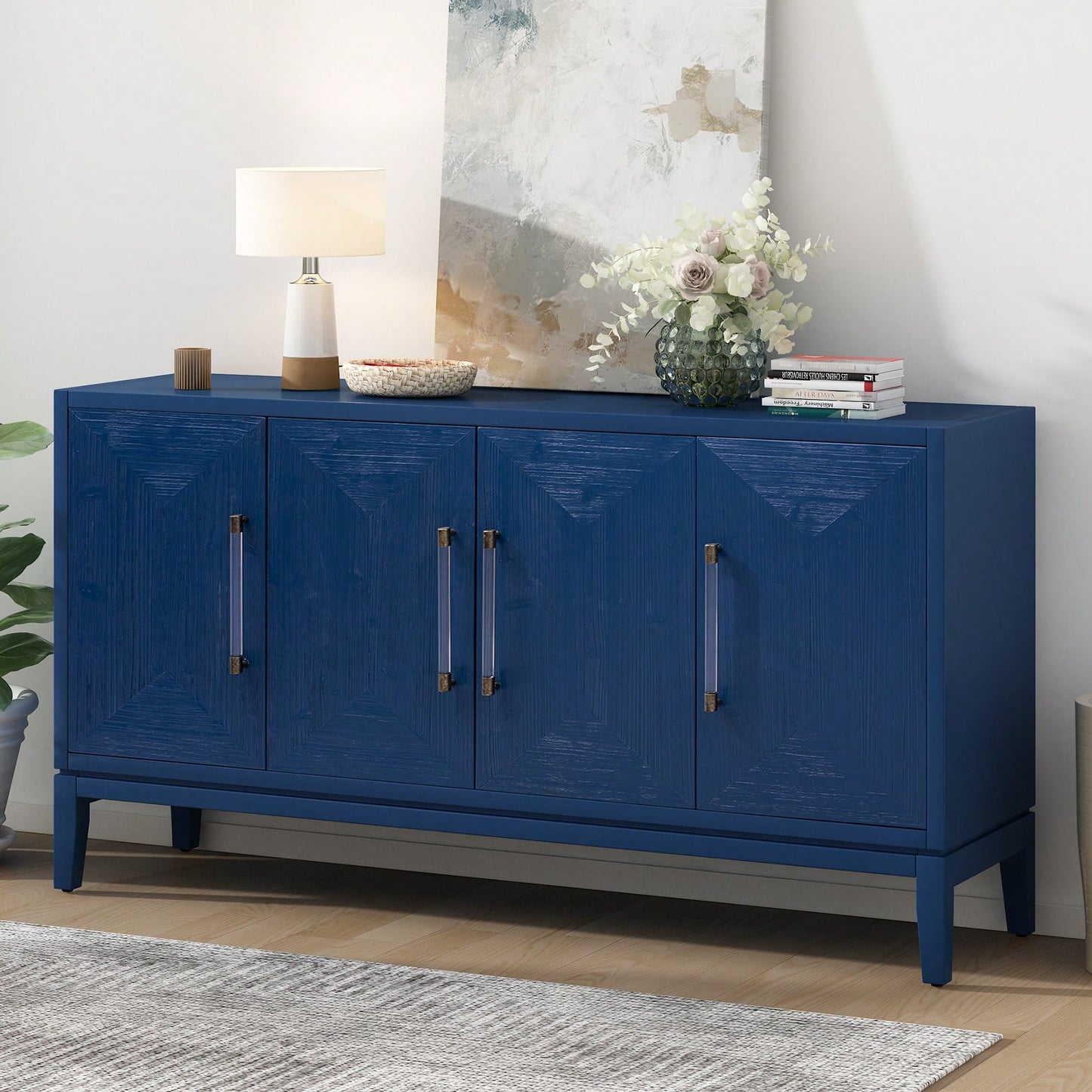 Versatile Four-Door Sideboard With Brushed MDF Doors And Elegant Acrylic Handles Perfect For Home Storage And Organization