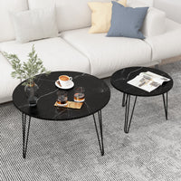 27.56 Inch Round Nesting Coffee Table Set Of 2 With Marble Top And Sturdy Metal Base For Living Room And Bedroom Black