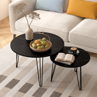 27.56 Inch Round Nesting Coffee Table Set Of 2 With Marble Top And Sturdy Metal Base For Living Room And Bedroom Black