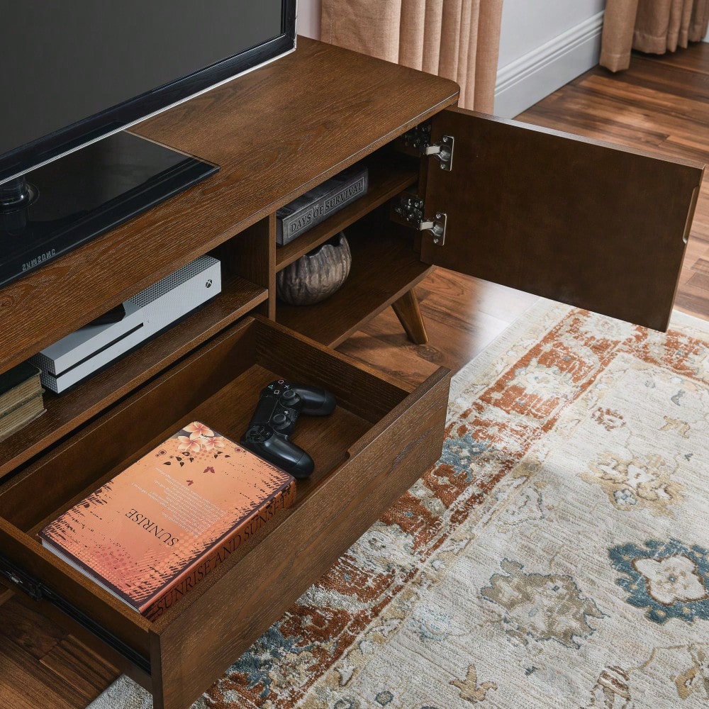 Mid Century Modern Fluted TV Stand for 65 Inch TV with Storage Farmhouse Wood Media Console with 2 Doors and 1 Drawer