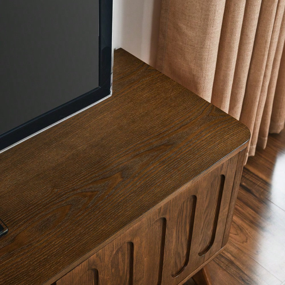 Mid Century Modern Fluted TV Stand for 65 Inch TV with Storage Farmhouse Wood Media Console with 2 Doors and 1 Drawer