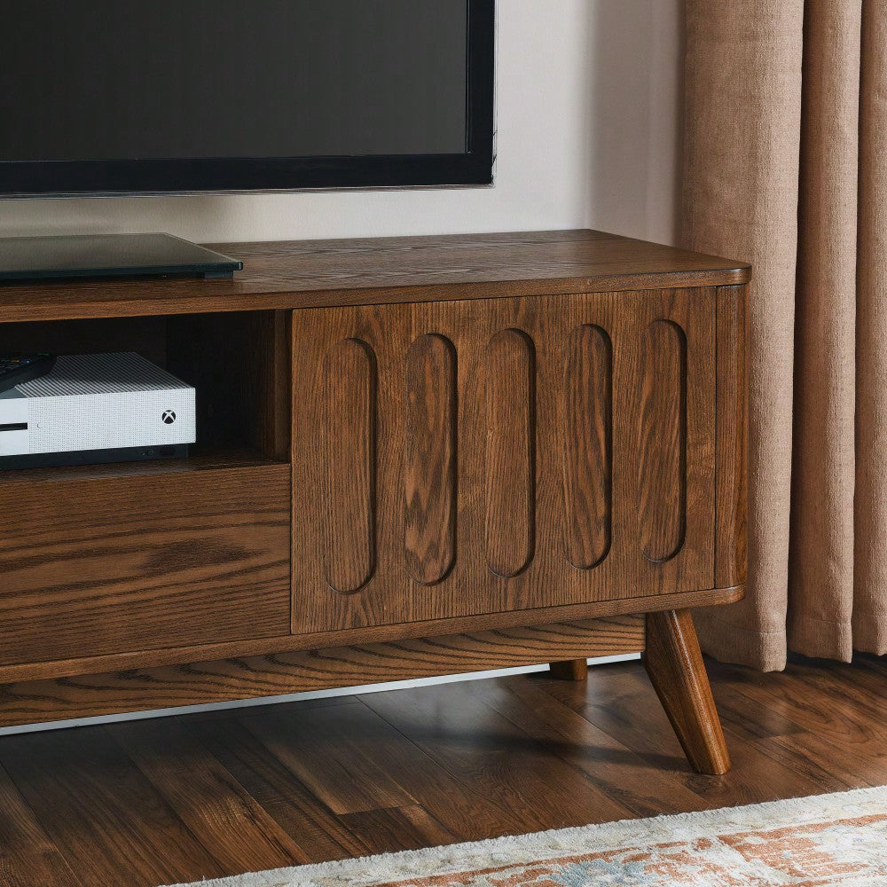 Mid Century Modern Fluted TV Stand for 65 Inch TV with Storage Farmhouse Wood Media Console with 2 Doors and 1 Drawer