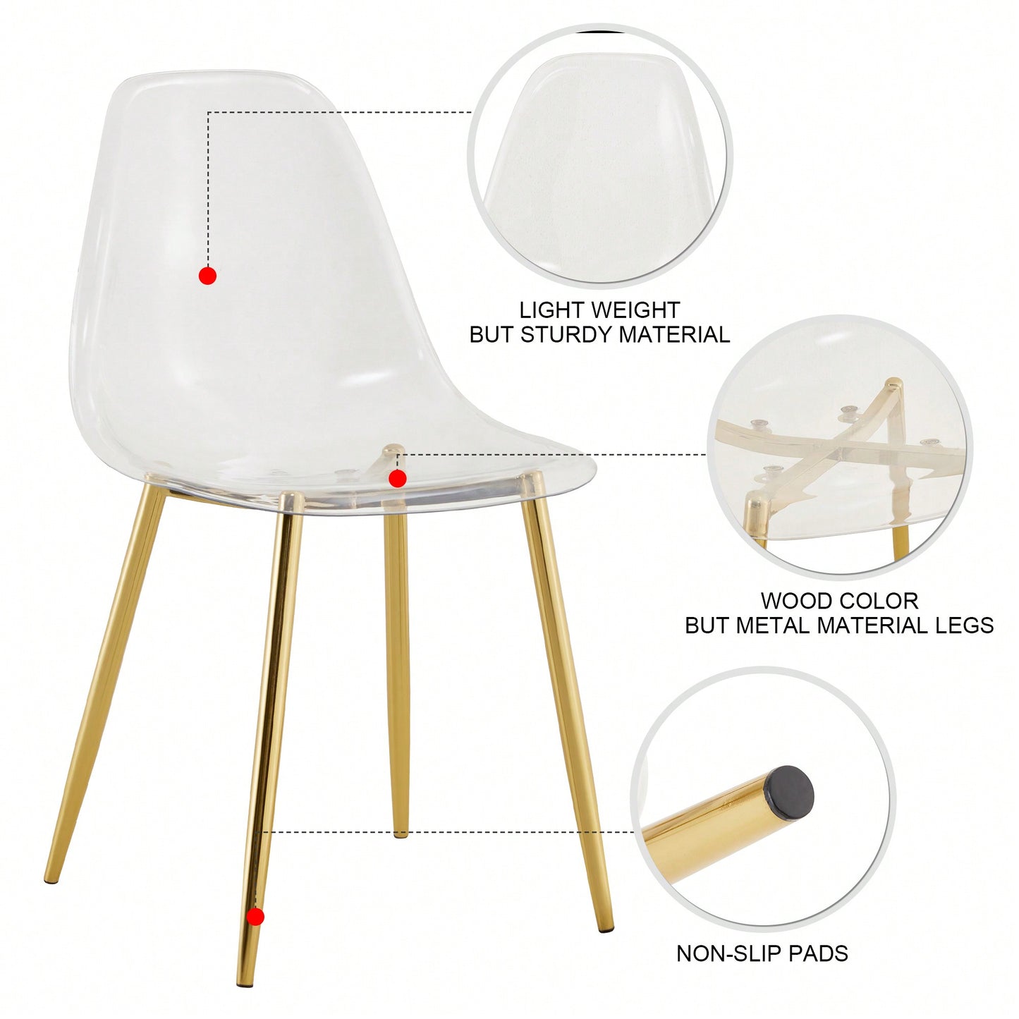 Ergonomic Transparent Dining Chair Set Of 4 With Golden Plating Metal Legs Modern Nordic Design For Makeup And Negotiation Use