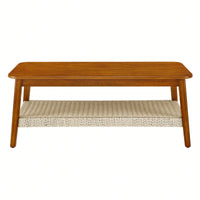 Mid-Century Boho Rattan Coffee Table with Storage 47 Inch Vintage Wooden Low Table for Living Room Bedroom Patio