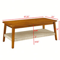 Mid-Century Boho Rattan Coffee Table with Storage 47 Inch Vintage Wooden Low Table for Living Room Bedroom Patio