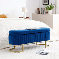 Modern Velvet Oval Storage Bench With Golden Metal Legs For Bedroom Living Room Entryway 50 Inch Upholstered Ottoman With Hidden Storage