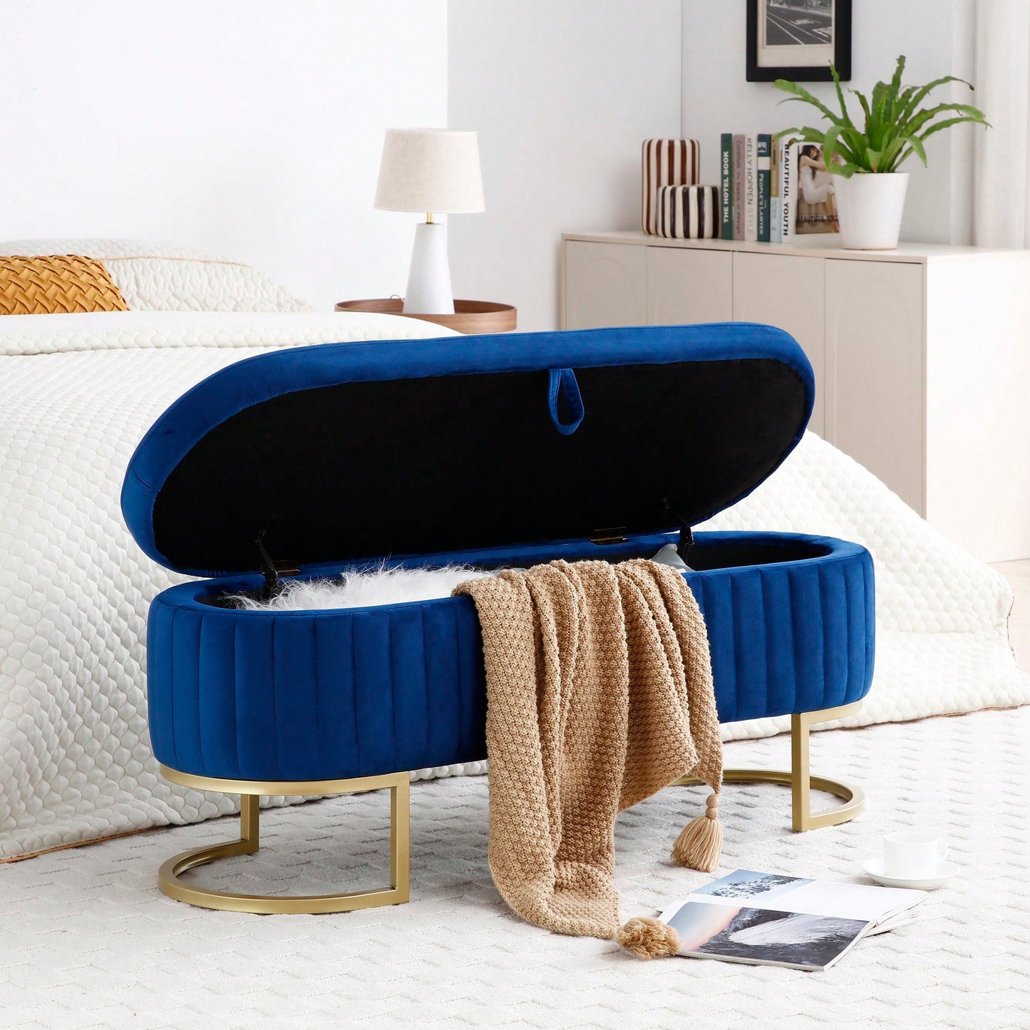 Modern Velvet Oval Storage Bench With Golden Metal Legs For Bedroom Living Room Entryway 50 Inch Upholstered Ottoman With Hidden Storage