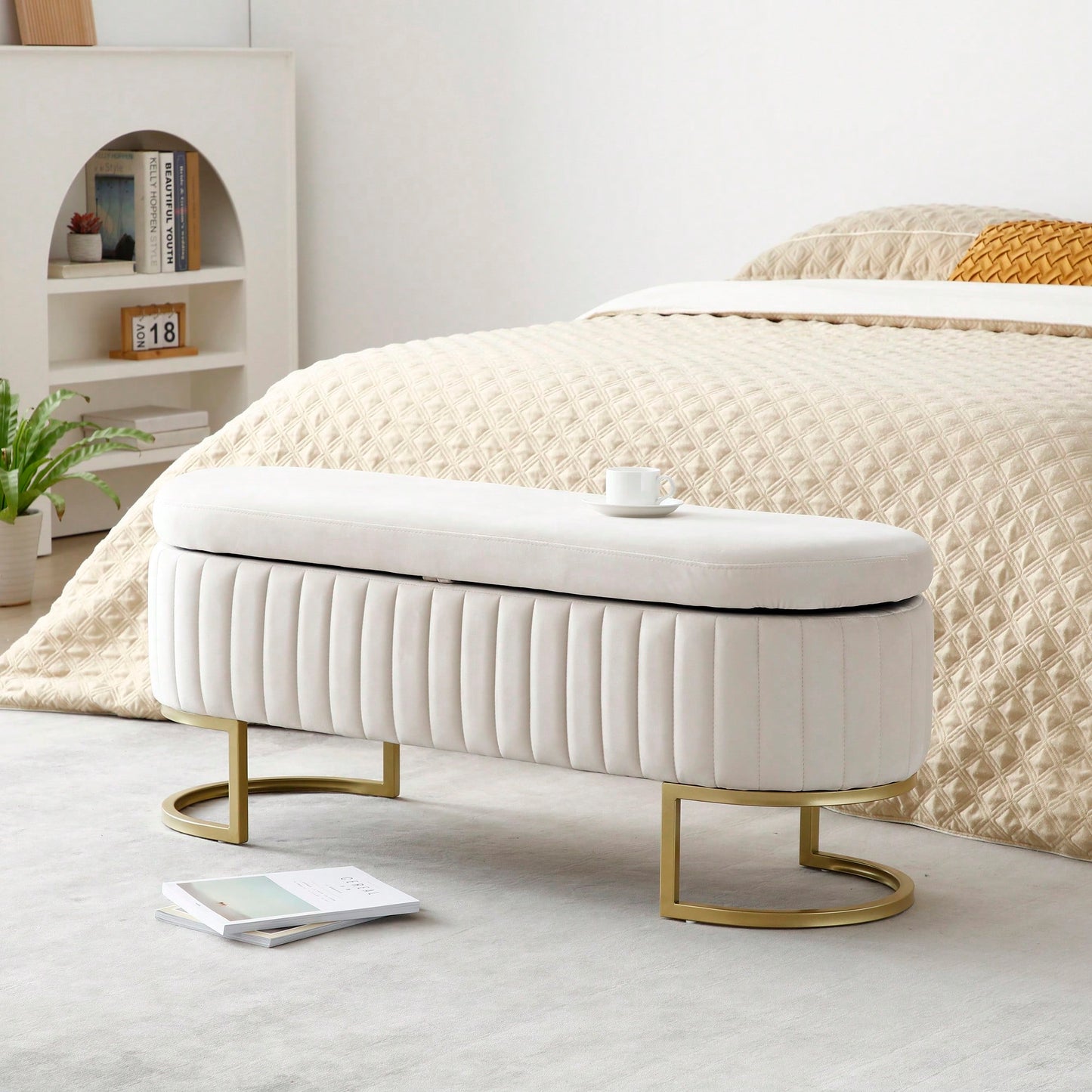 Modern Velvet Oval Storage Bench With Golden Metal Legs For Bedroom Living Room Entryway 50 Inch Upholstered Ottoman With Hidden Storage