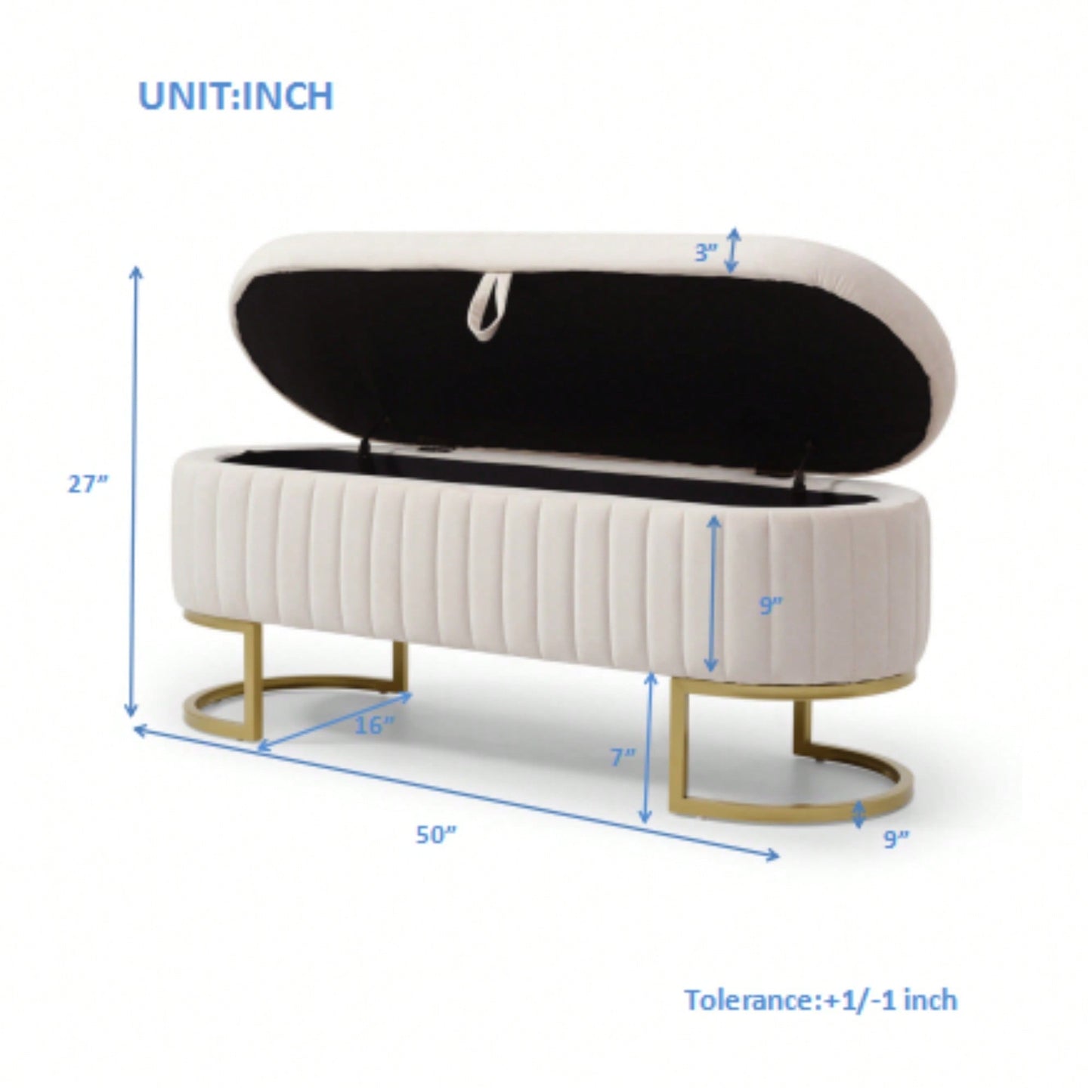 Modern Velvet Oval Storage Bench With Golden Metal Legs For Bedroom Living Room Entryway 50 Inch Upholstered Ottoman With Hidden Storage