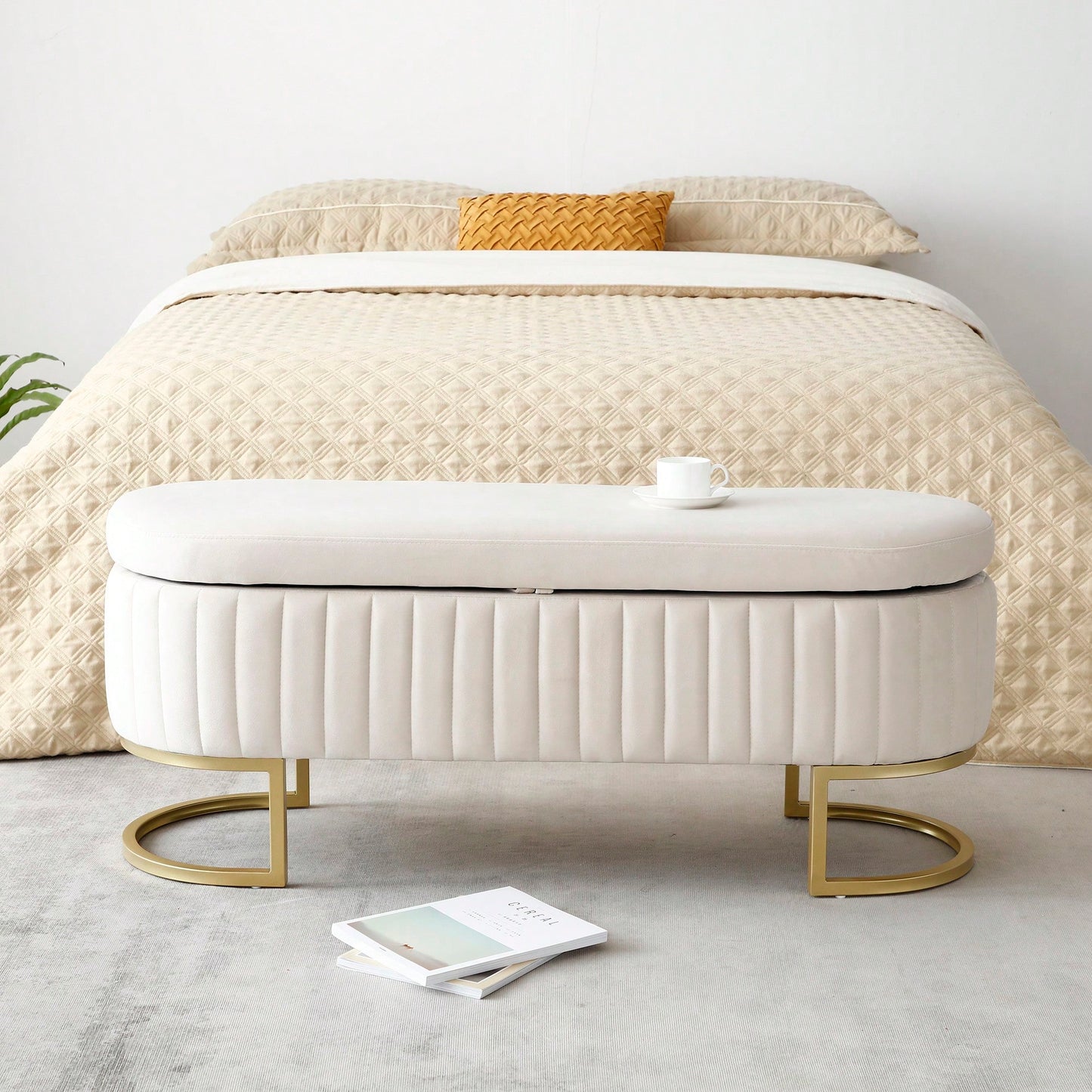 Modern Velvet Oval Storage Bench With Golden Metal Legs For Bedroom Living Room Entryway 50 Inch Upholstered Ottoman With Hidden Storage