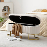 Modern Velvet Oval Storage Bench With Golden Metal Legs For Bedroom Living Room Entryway 50 Inch Upholstered Ottoman With Hidden Storage