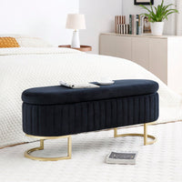 Modern Velvet Oval Storage Bench With Golden Metal Legs For Bedroom Living Room Entryway 50 Inch Upholstered Ottoman With Hidden Storage