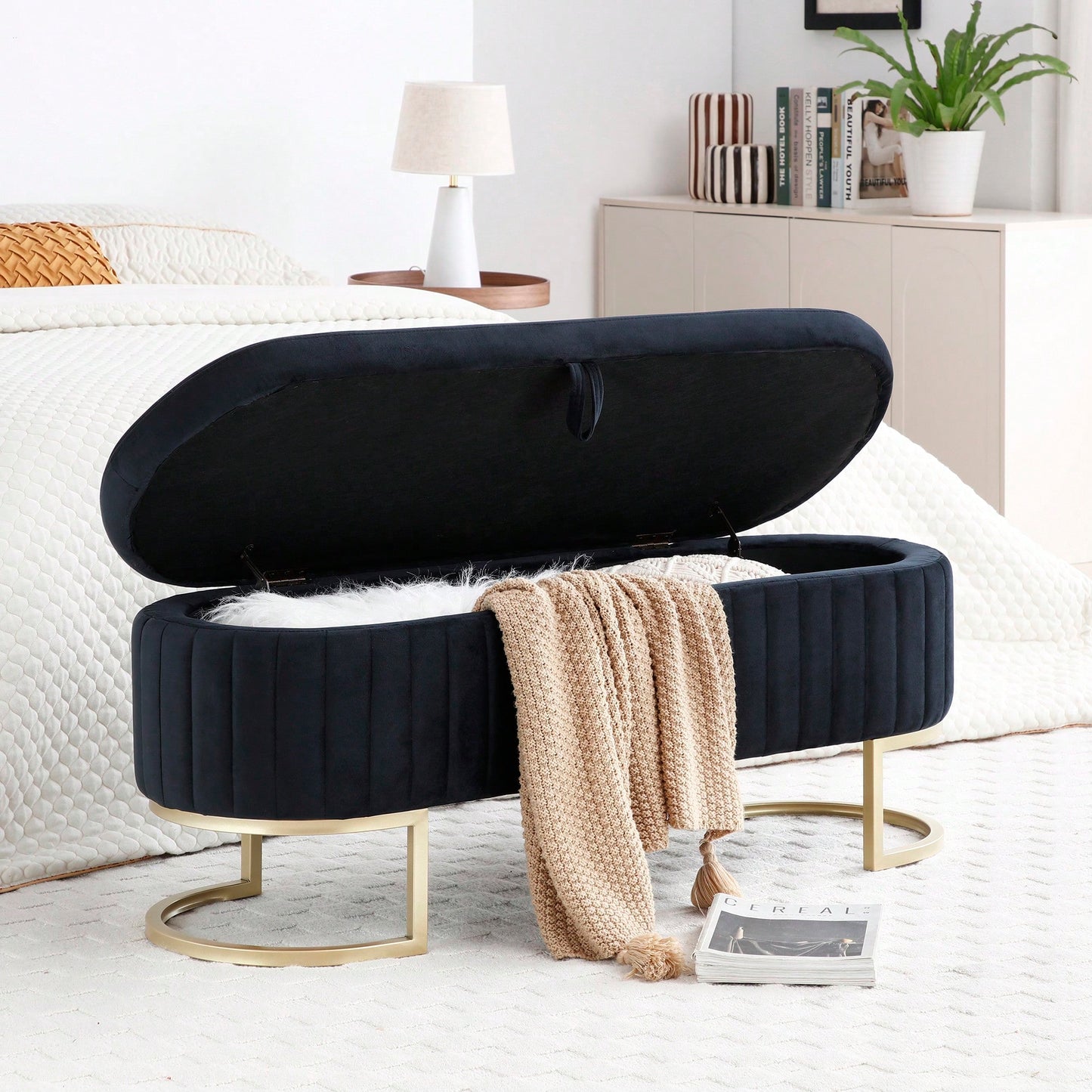 Modern Velvet Oval Storage Bench With Golden Metal Legs For Bedroom Living Room Entryway 50 Inch Upholstered Ottoman With Hidden Storage