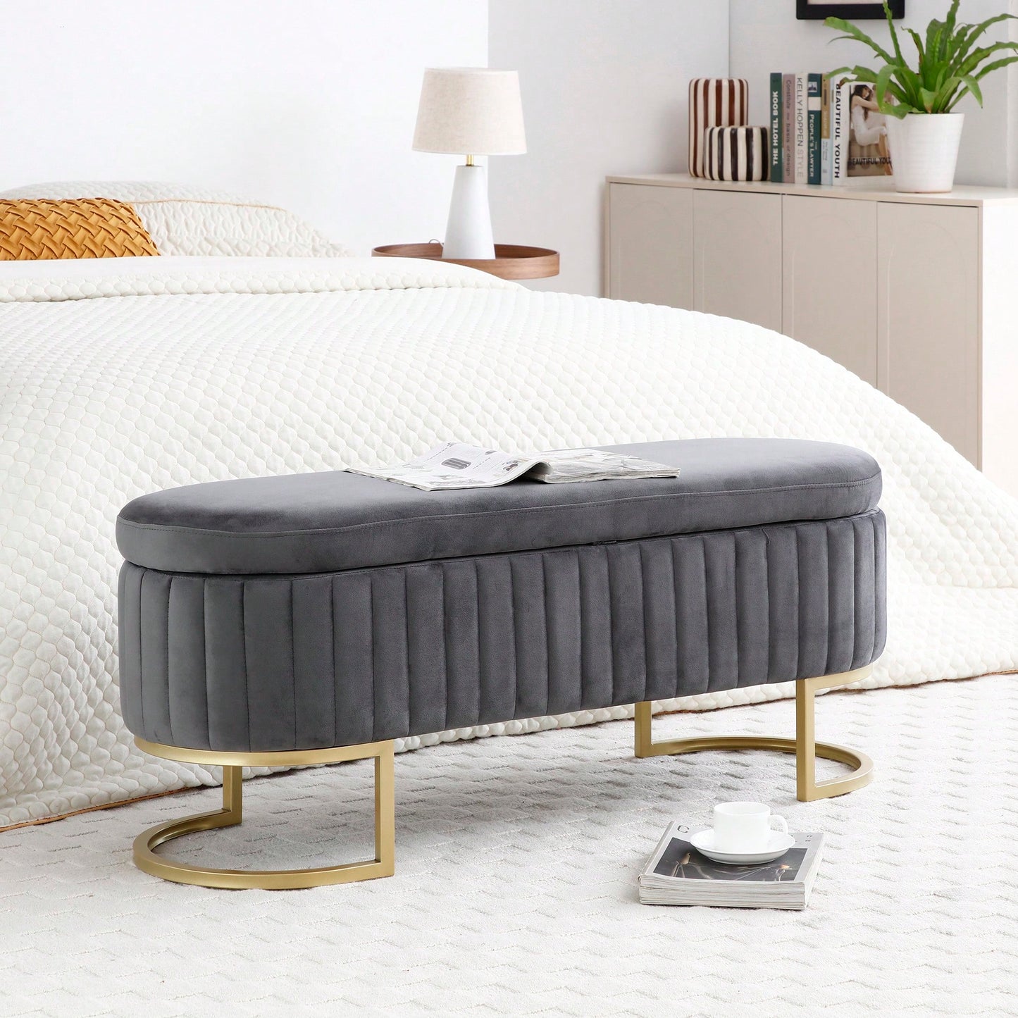 Modern Velvet Oval Storage Bench With Golden Metal Legs For Bedroom Living Room Entryway 50 Inch Upholstered Ottoman With Hidden Storage