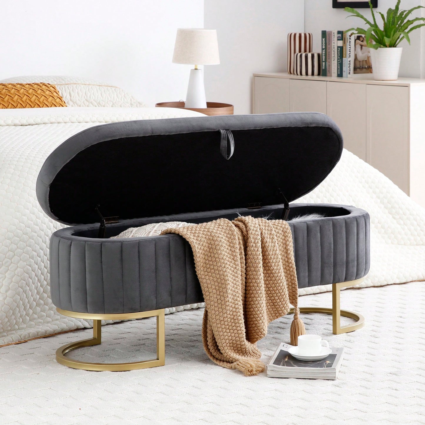 Modern Velvet Oval Storage Bench With Golden Metal Legs For Bedroom Living Room Entryway 50 Inch Upholstered Ottoman With Hidden Storage