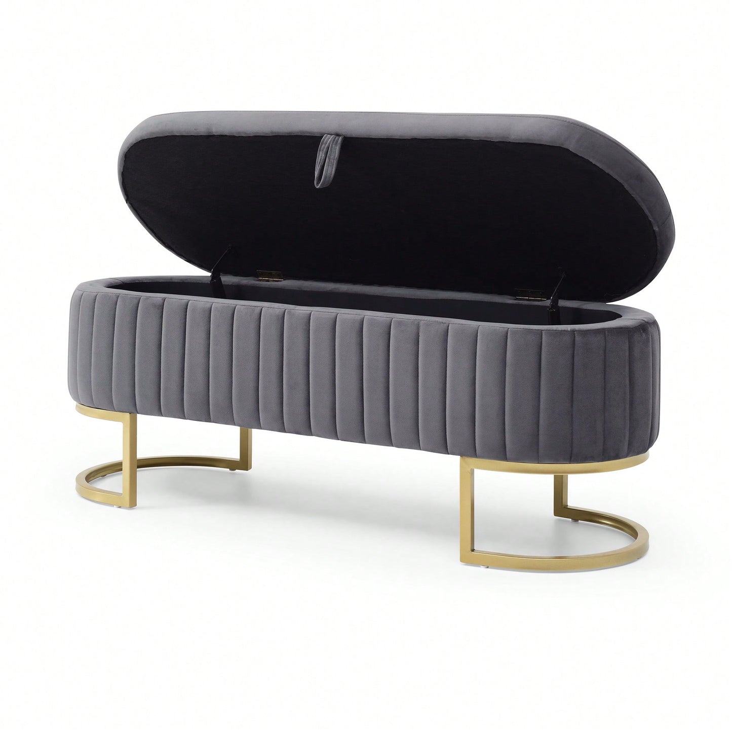 Modern Velvet Oval Storage Bench With Golden Metal Legs For Bedroom Living Room Entryway 50 Inch Upholstered Ottoman With Hidden Storage