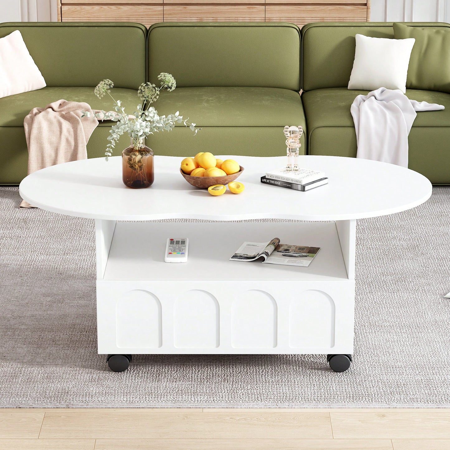 Cloud Shaped  Coffee Table With Storage Drawer And Wheels For Living Room