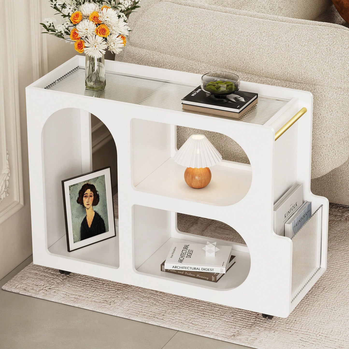 Versatile Modern Mobile End Table with Lockable Wheels and Elegant Fluted Glass Top for Living Room or Bedroom