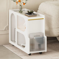 Versatile Modern Mobile End Table with Lockable Wheels and Elegant Fluted Glass Top for Living Room or Bedroom