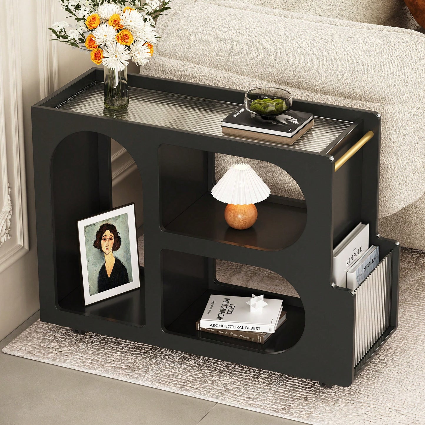 Versatile Modern Mobile End Table with Lockable Wheels and Elegant Fluted Glass Top for Living Room or Bedroom