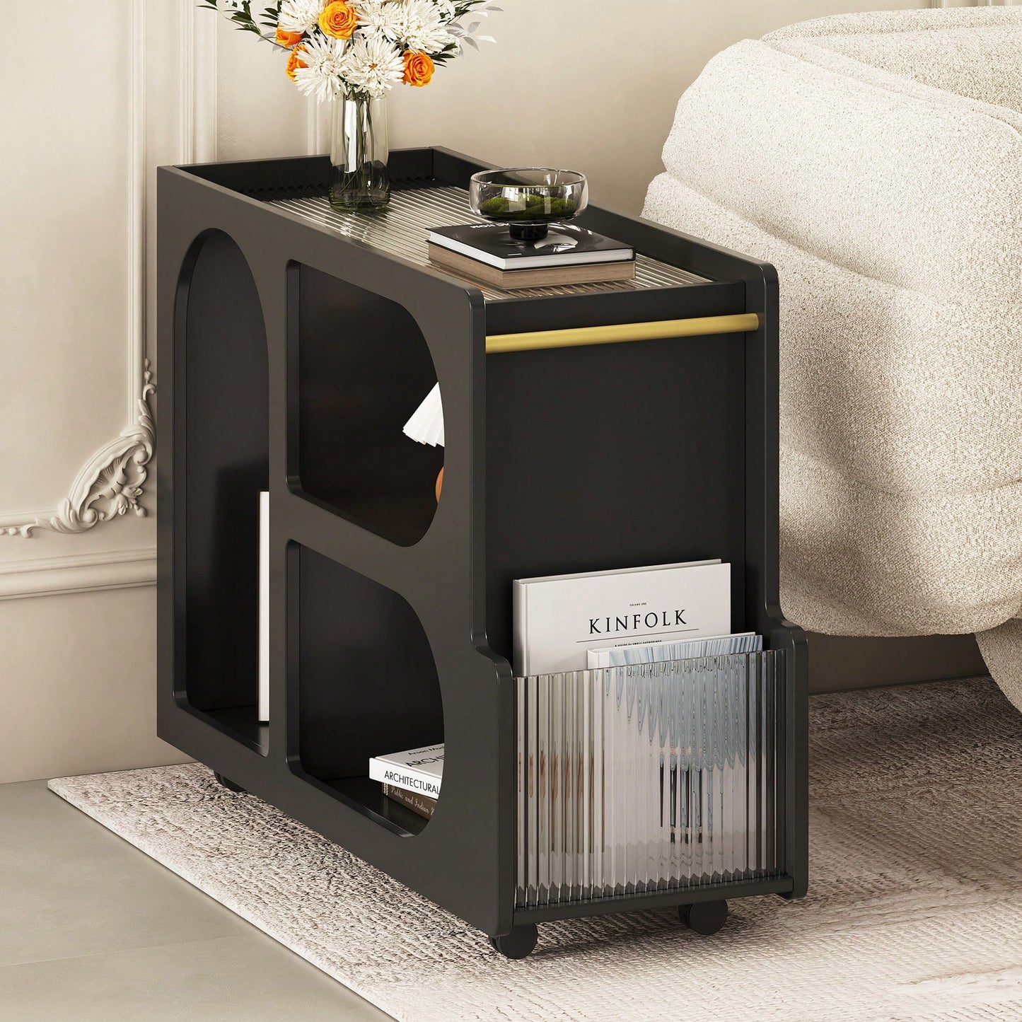 Versatile Modern Mobile End Table with Lockable Wheels and Elegant Fluted Glass Top for Living Room or Bedroom