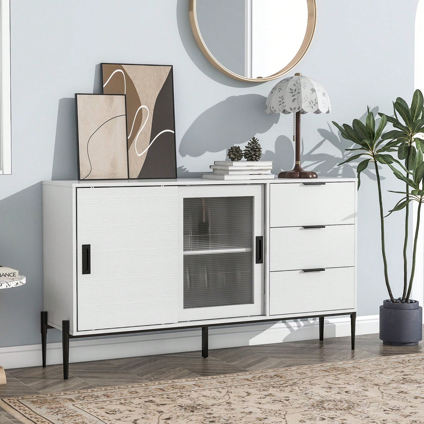 Modern Storage Cabinet With Glass Sliding Doors And 3 Drawers For Entryway Kitchen Buffet And Home Décor