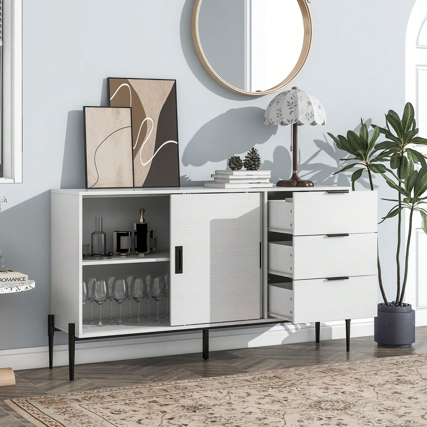 Modern Storage Cabinet With Glass Sliding Doors And 3 Drawers For Entryway Kitchen Buffet And Home Décor