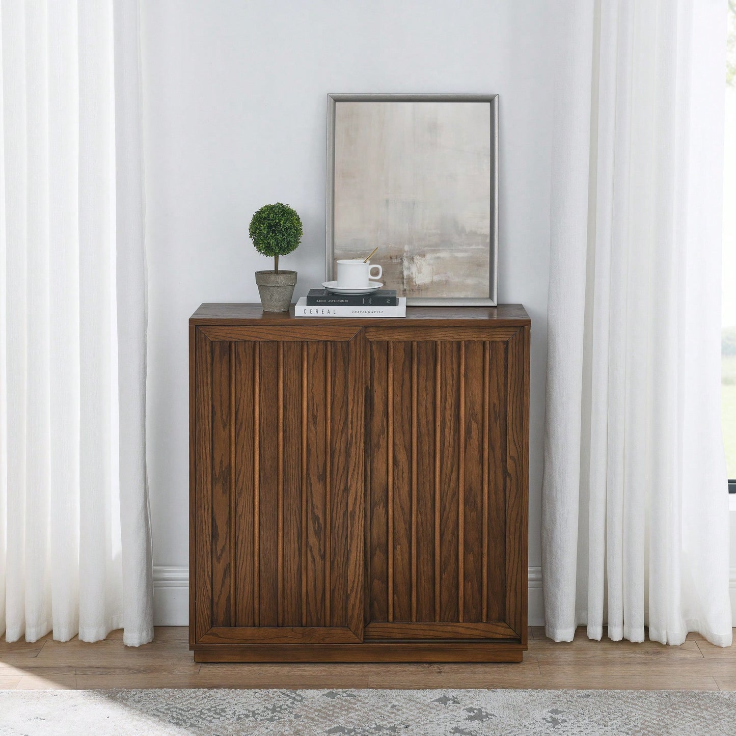 Mid Century Modern Sideboard With Sliding Doors And Solid Wood Accents For Living Room Kitchen Dining Entryway Storage