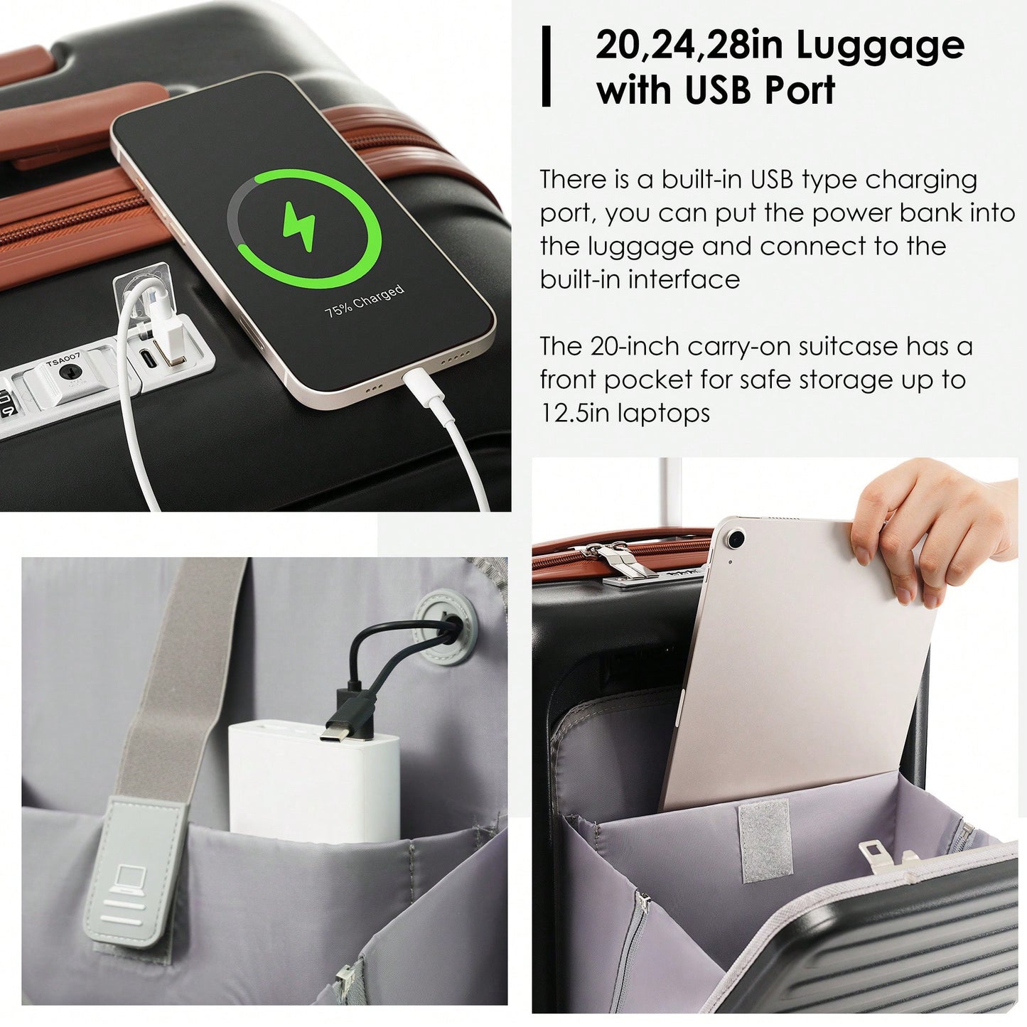 20-Inch Expandable Carry-On Luggage Set With Travel Bag USB Port Cup Holder