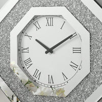Octagonal Mirror Wall Clock With Roman Numerals And Faux Gemstone Inlay, Modern Glam Design, 20x20 Inches