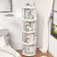 4-Tier 360° Rotating Corner Bookshelf for Kids and Adults Lightweight Modern White Design Space-Saving Organizer for Bedroom Living Room