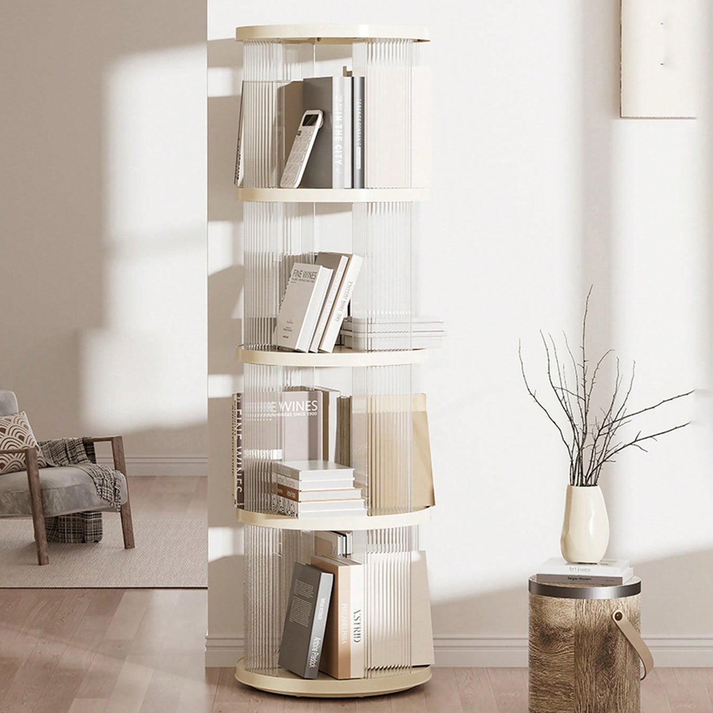 4-Tier 360° Rotating Corner Bookshelf for Kids and Adults Lightweight Modern White Design Space-Saving Organizer for Bedroom Living Room