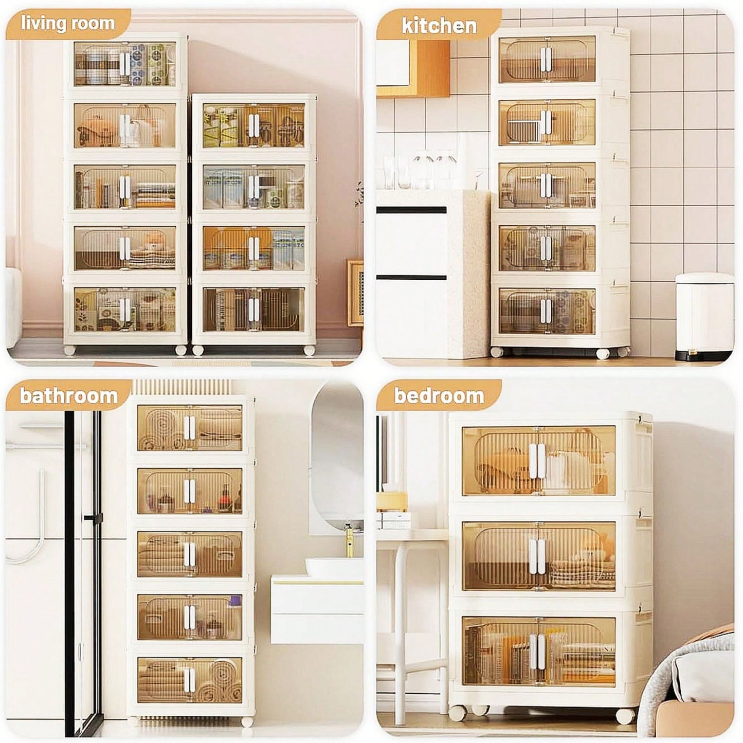 19.69 Inch Wide 5-Tier Folding Storage Cabinet with Collapsible Bins and Magnetic Door on Wheels for Closet and Home Organization