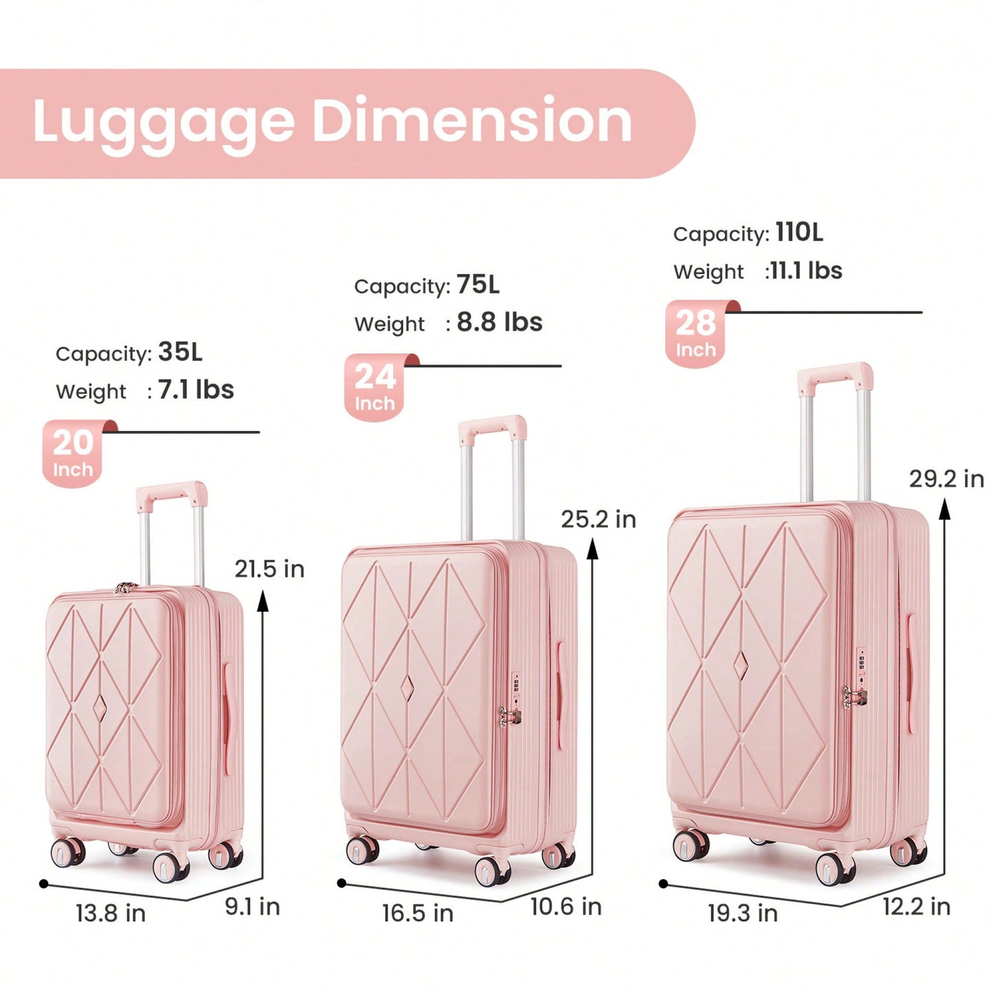 Lightweight 3 Piece Luggage Set with Laptop Compartment TSA Lock Hard Shell Suitcases and Spinner Wheels