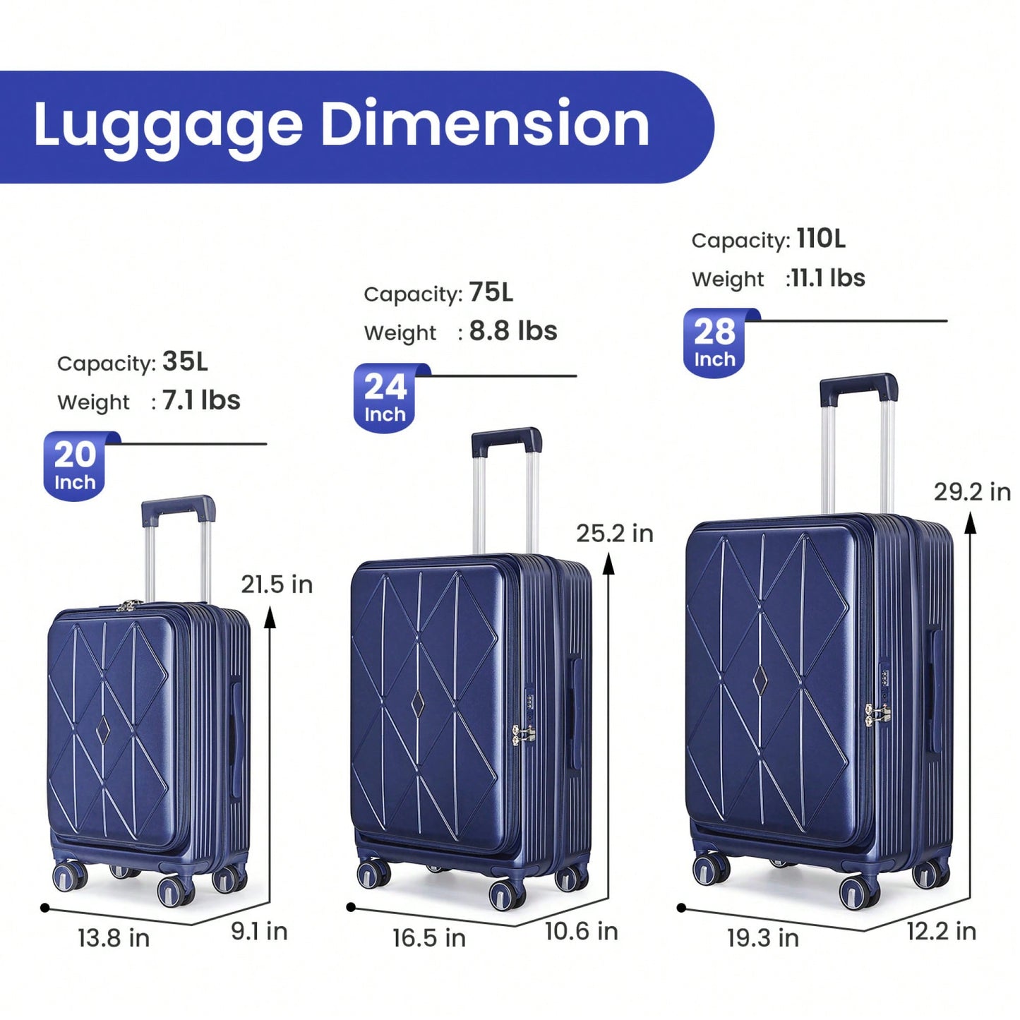 Lightweight 3 Piece Luggage Set with Laptop Compartment TSA Lock Hard Shell Suitcases and Spinner Wheels