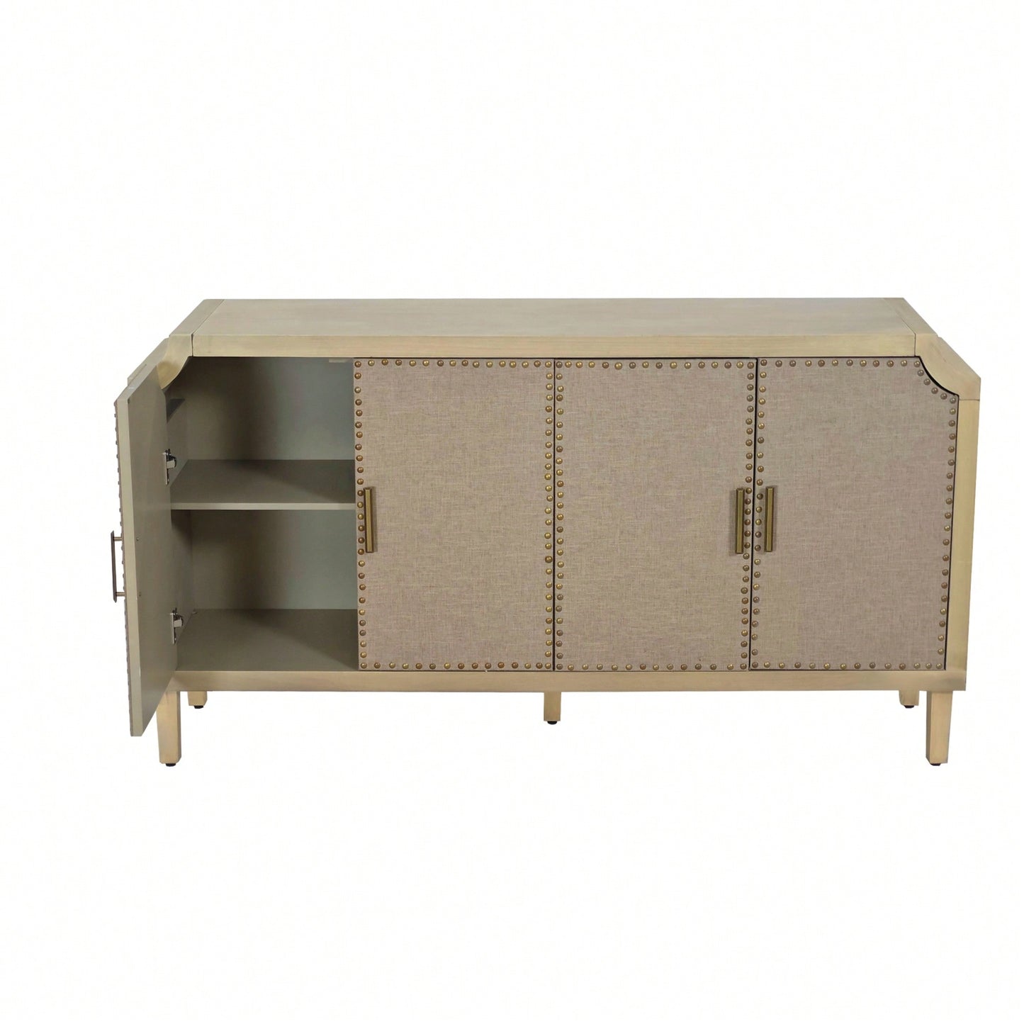 Retro Industrial 4-Door Cabinet With Linen Decor Doors And Rivet Accents For Bedroom Living Room Office Storage