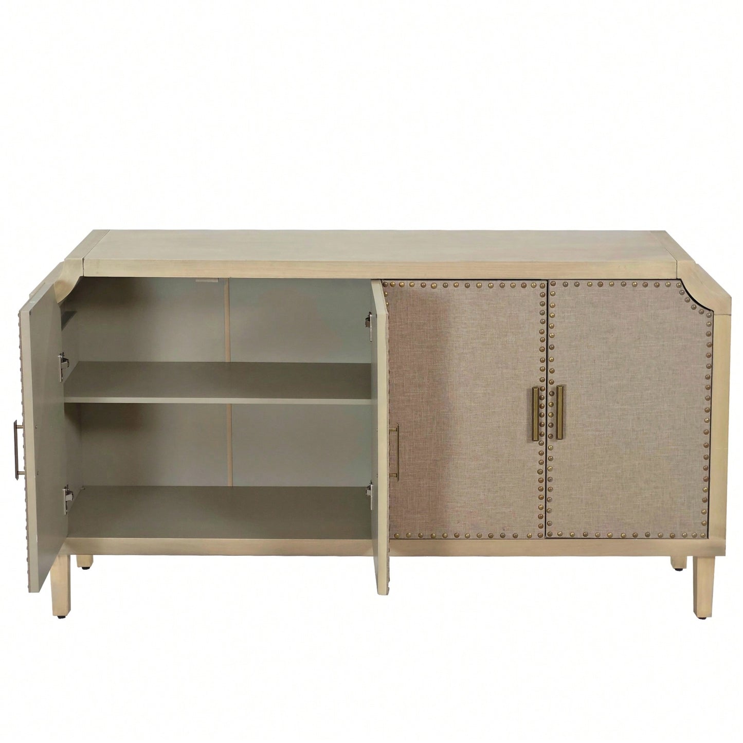 Retro Industrial 4-Door Cabinet With Linen Decor Doors And Rivet Accents For Bedroom Living Room Office Storage