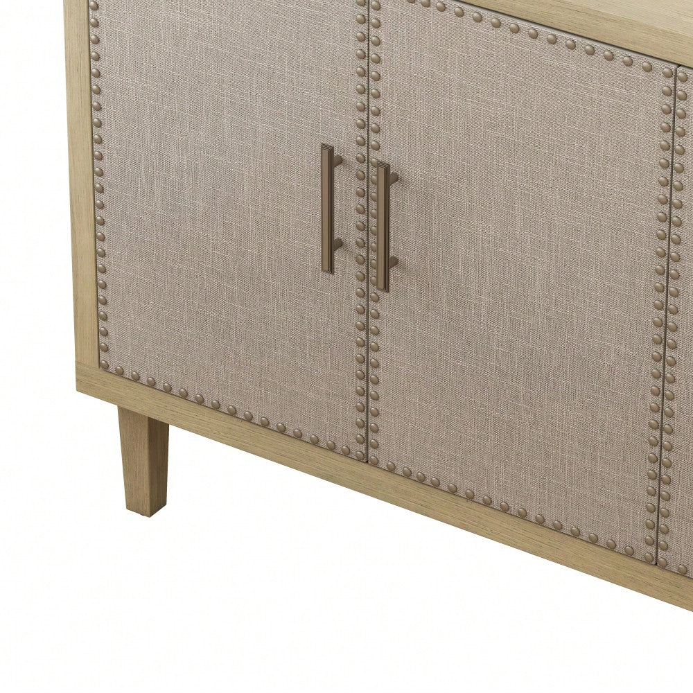 Retro Industrial 4-Door Cabinet With Linen Decor Doors And Rivet Accents For Bedroom Living Room Office Storage