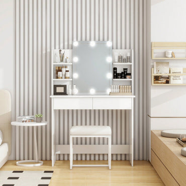 LED Lighted Makeup Vanity Desk With Large Rectangular Mirror And Storage Drawers In White