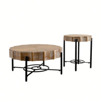 Vintage Lace Shaped Coffee Table Set Of 2 With Natural Pine Grain Top And Dimpled Metal Legs For Living Room