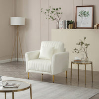 Mid-Century Modern Cream Velvet Accent Chair Comfortable Upholstered Armchair For Living Room Bedroom With Channel Tufting