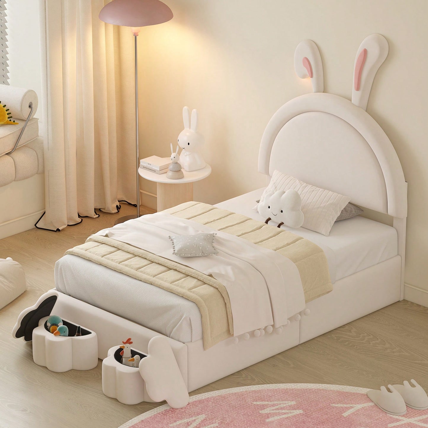 Twin Rabbit-Shaped Upholstered Bed With Storage Stools In White Velvet For Kids Room Decor