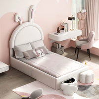 Twin Rabbit-Shaped Upholstered Bed With Storage Stools In White Velvet For Kids Room Decor