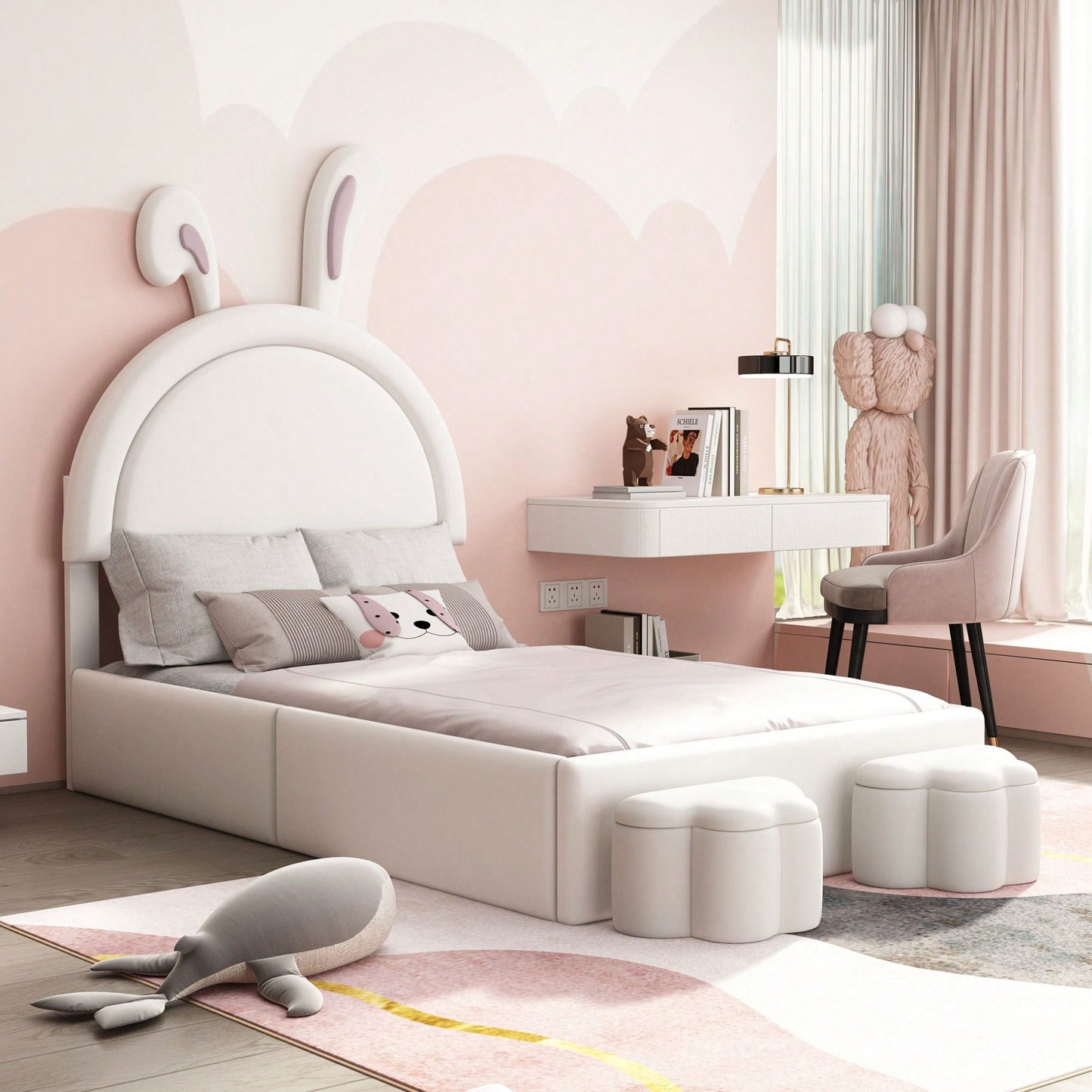 Twin Rabbit-Shaped Upholstered Bed With Storage Stools In White Velvet For Kids Room Decor