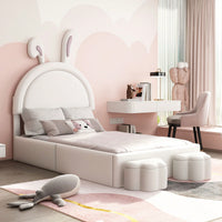 Twin Rabbit-Shaped Upholstered Bed With Storage Stools In White Velvet For Kids Room Decor