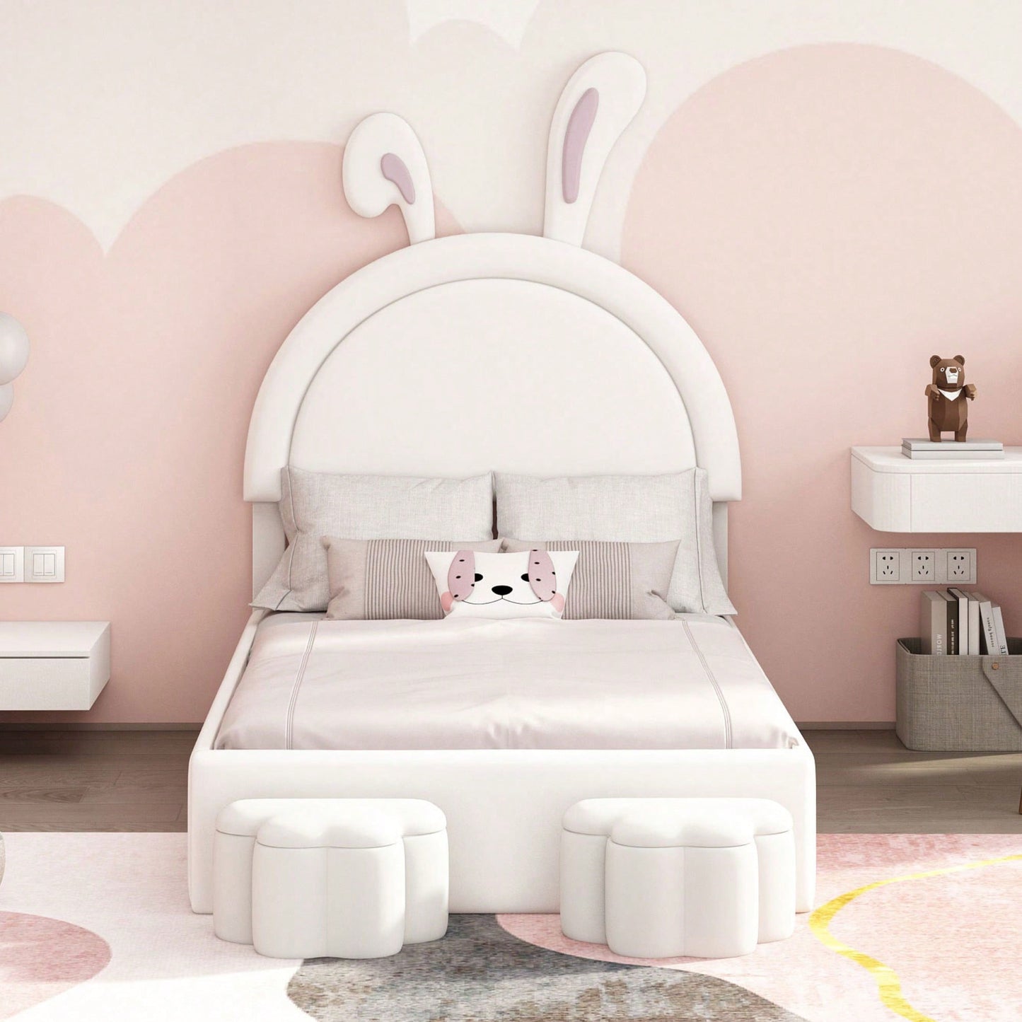 Twin Rabbit-Shaped Upholstered Bed With Storage Stools In White Velvet For Kids Room Decor