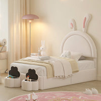 Twin Rabbit-Shaped Upholstered Bed With Storage Stools In White Velvet For Kids Room Decor